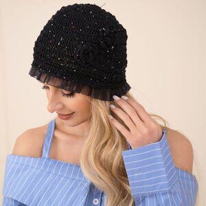 Black Vintage Style Crochet Cloche Hat | 1920s Gatsby Boho Floral Knit Beanie
